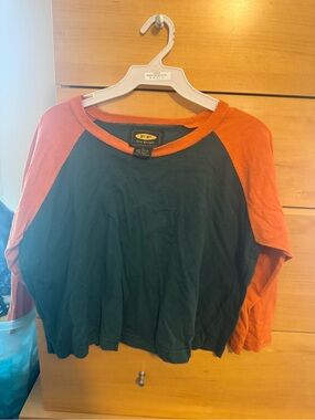 Vintage 90s Free People Green Raglan Crop Top with Orange Sleeves
